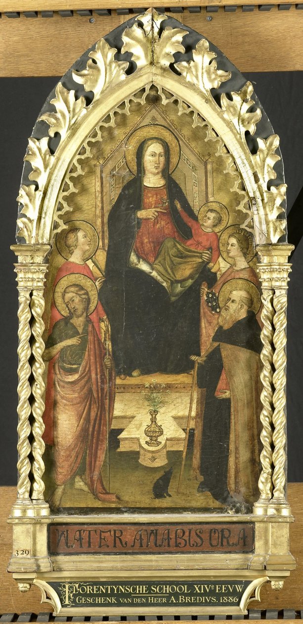 Jomfru og barn på tronen med fire hellige, de hellige Johannes Døberen, Antonius Abbed, Elizabeth af Ungarn, en kvindelig helgen af Anonymous