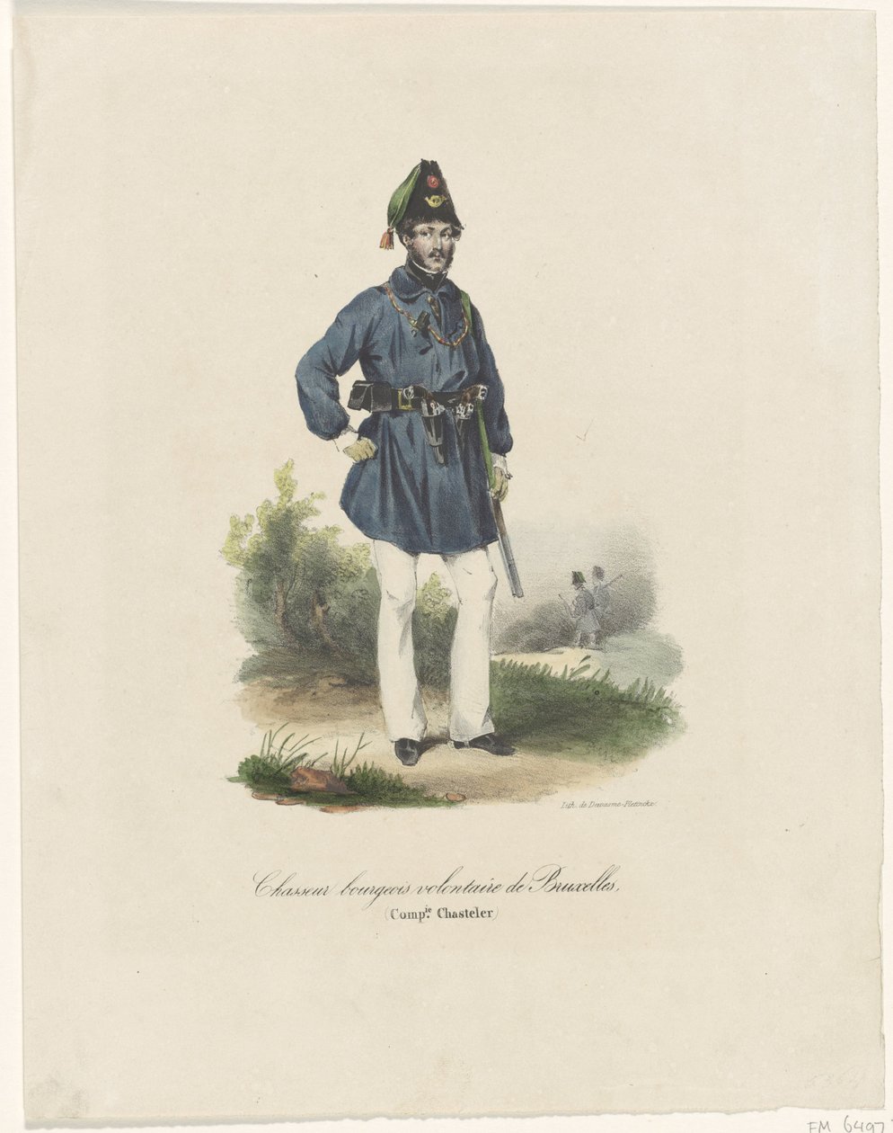 Frivillig jæger fra Bruxelles, 1830 Chasseurs bourgeois volontaire de Bruxelles, (Comp.ie Chasteler) (titel på objektet) af Anonymous