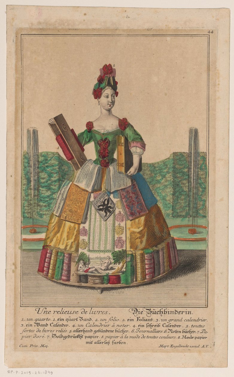 Kvinde med et kostume af bøger Relieur de livres / Der Buchbinder (titel på objekt) af Anonymous