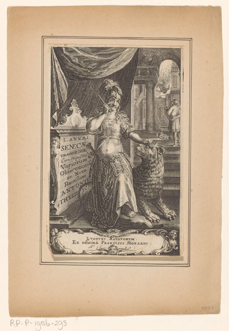 Vrouw met leeuw Titelside for: Lucius Annaeus Seneca en Antonius Thysius, L. Annaei Senecae tragoediae, 1651 af Anonymous