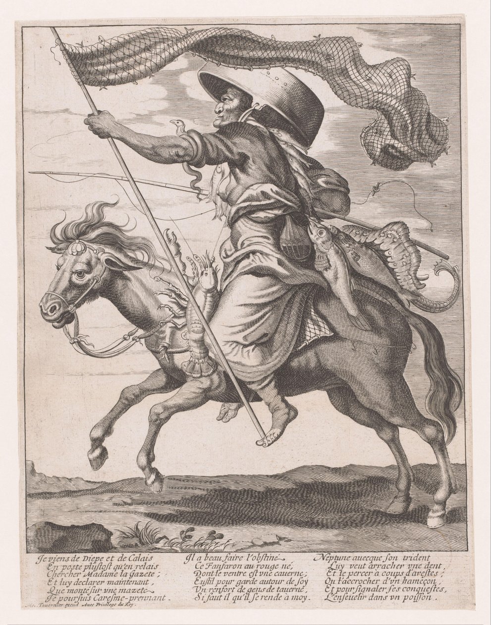 Kvinde på en hest, dekoreret med fisk og et fiskenet som et banner med karneval af Anonymous