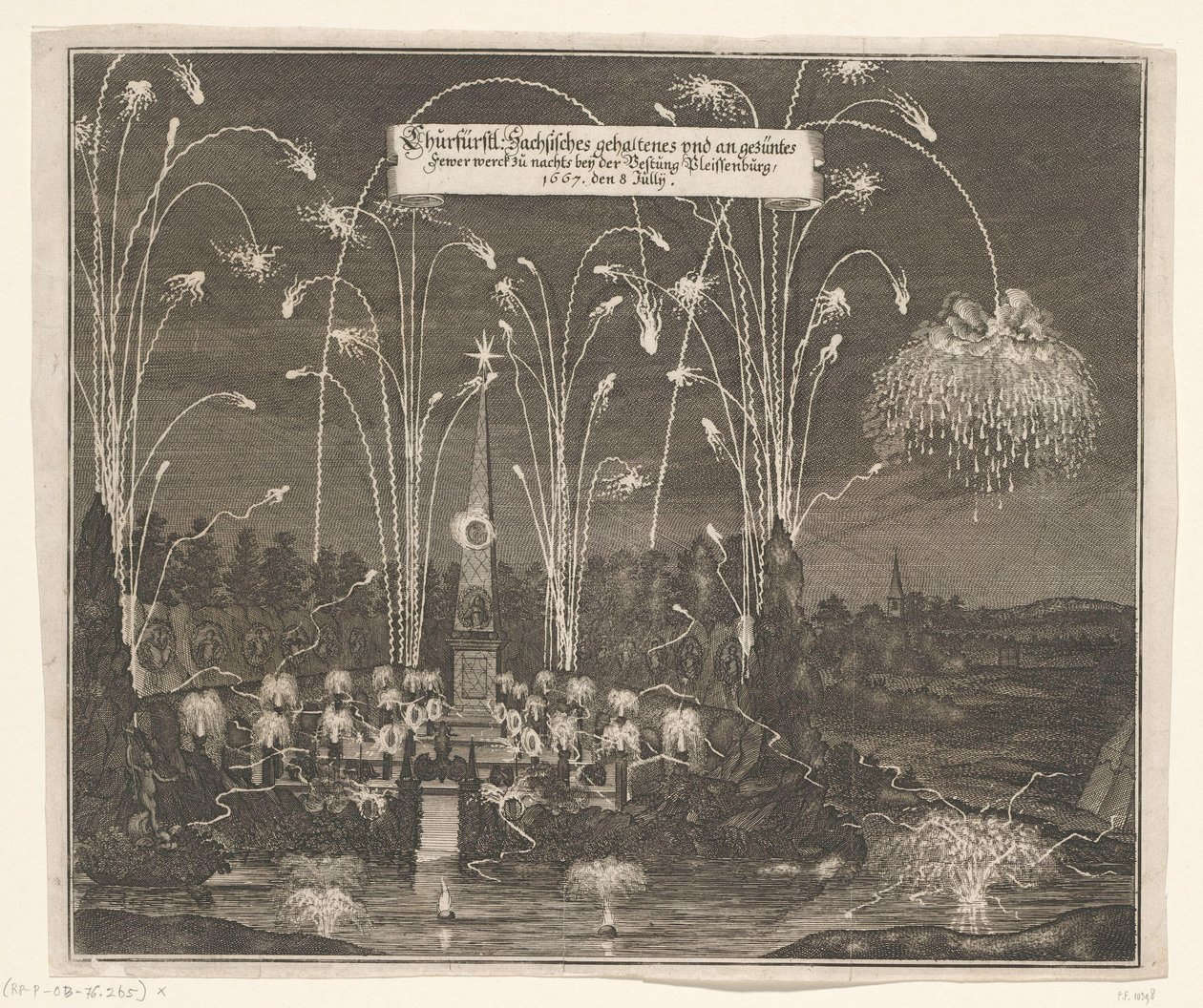 Fyrværkeri ved Pleißenburg, 8. juli 1667 Churfürstl: Sachsisches gehaltenes und an gezentes Færre werck zu nachts beij fæstningen Pleissenburg, 1667, den 8. juli (titel på objektet) af Anonymous