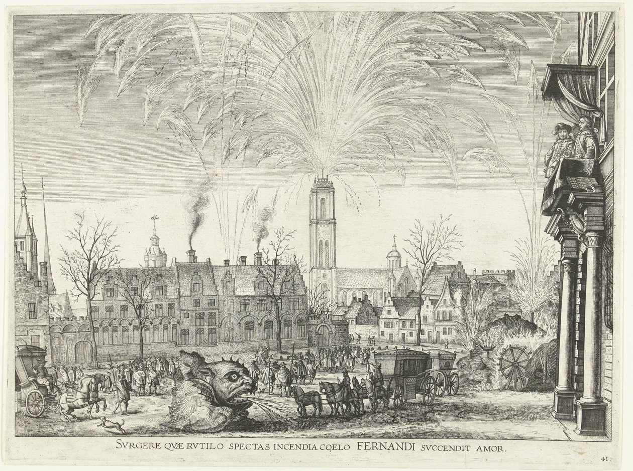 Vuurwerk; intocht van Ferdinand te Gent i 1635 (nr. 41) Rejs dig op, som du ser på den brændende ild på himlen Fernandis kærlighed antændes (titel på objekt) Et billede af nattens brande i Hippodromen og tårnet af Anonymous