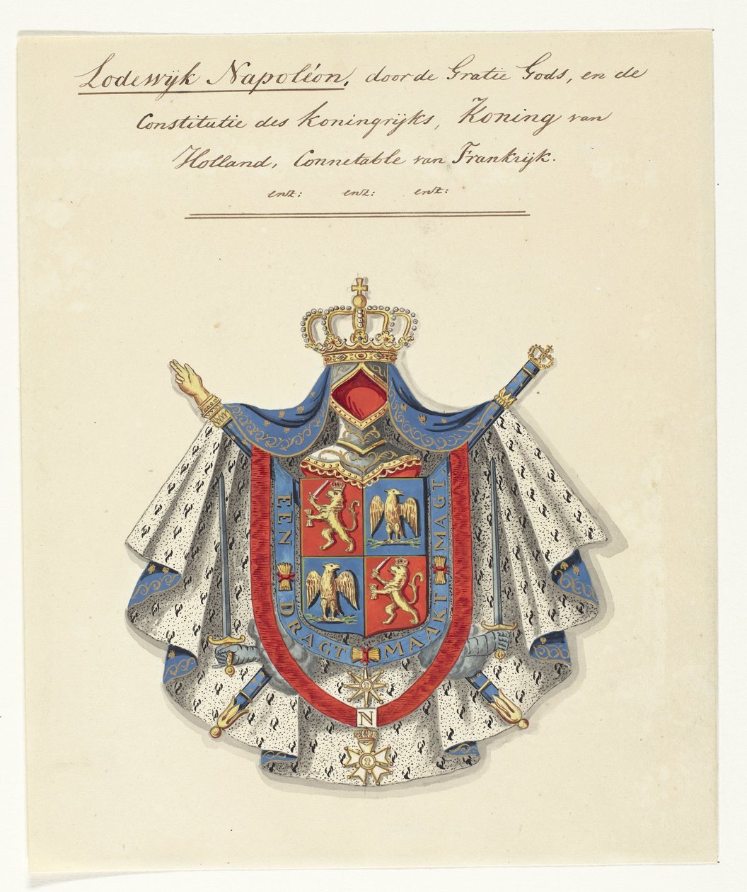 Våbenskjold af Louis Napoleon Bonaparte, konge af Holland Louis Napoleon, ved Guds nåde og kongerigets forfatning, konge af Holland, Connectable af Frankrig (titel på objekt) af Anonymous