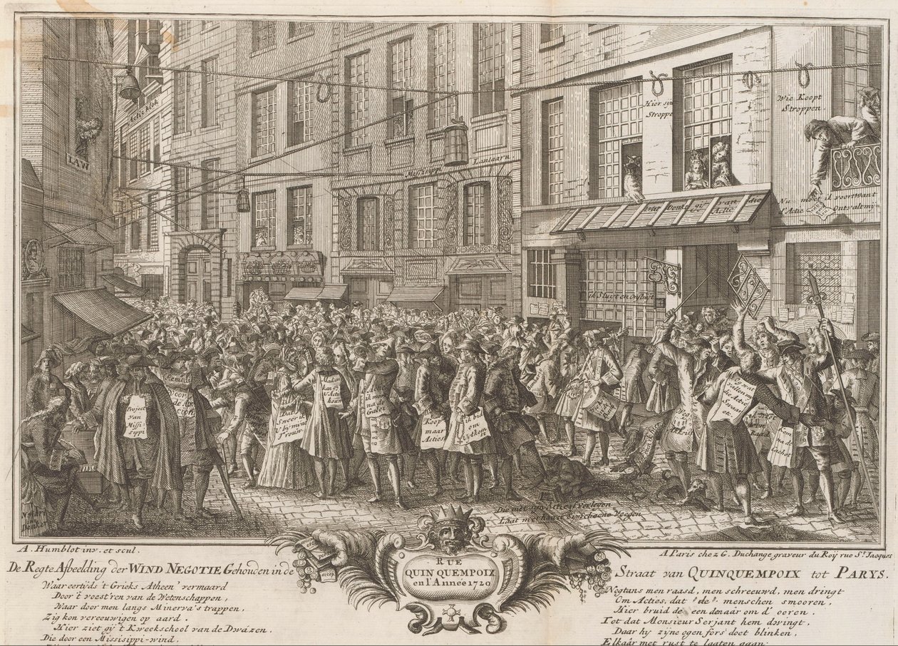 Vindhandel i Rue Quinquempoix, 1720 De Regte Billede af Wind Negotie holdt i Quinquempoix-strædet til Parys (titel på objektet) The Great Scene of Folly (serietitel) af Anonymous