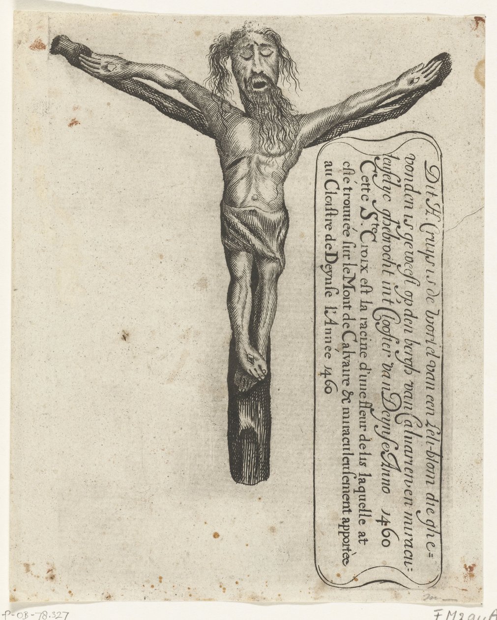 Mirakuløst krucifiks i klostret Deinze, 1460 Denne H. Cruys er roden til en Leli-blom, der blev fundet på den Bergh van Calvarien og Miraculeuselyc ghebrocht in