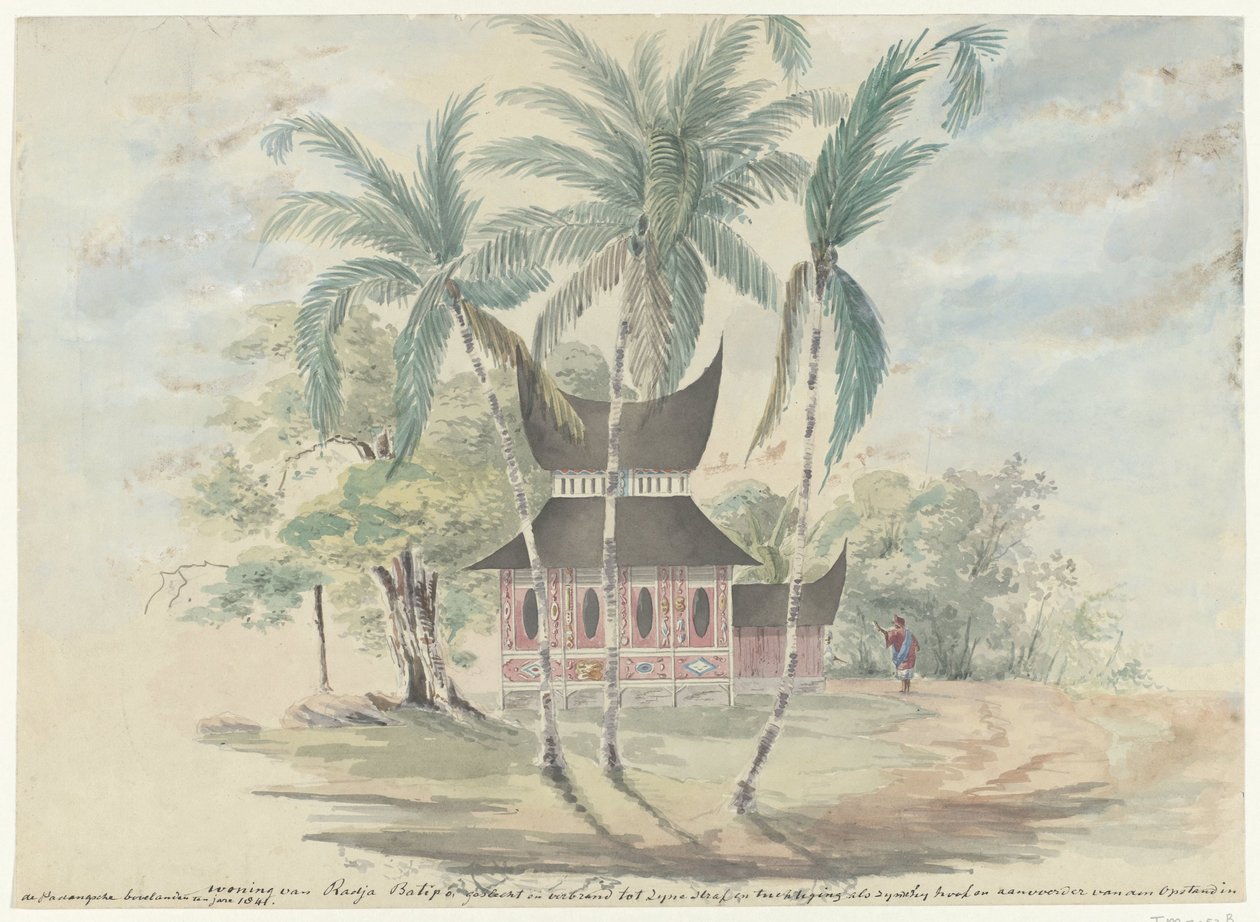 Radja Batipos hus, revet ned og brændt til sin straf og tugt som leder og leder af oprøret i Padangsche Bovenlanden i år 1841 (titel på objekt) af Anonymous