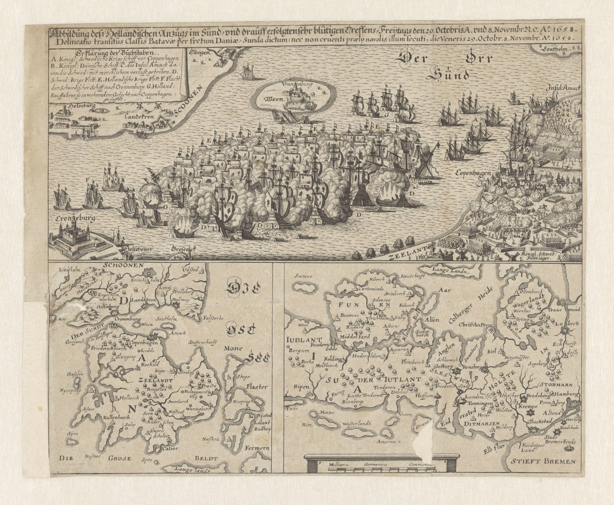 Zeeslag i de Sont, 1658 Billede af den hollandske trop i Sündt / og meget blodige møder fulgte, fredag ​​29. oktober A. og 8. november. ... Ao. 1658 (titel på objekt) af Anonymous