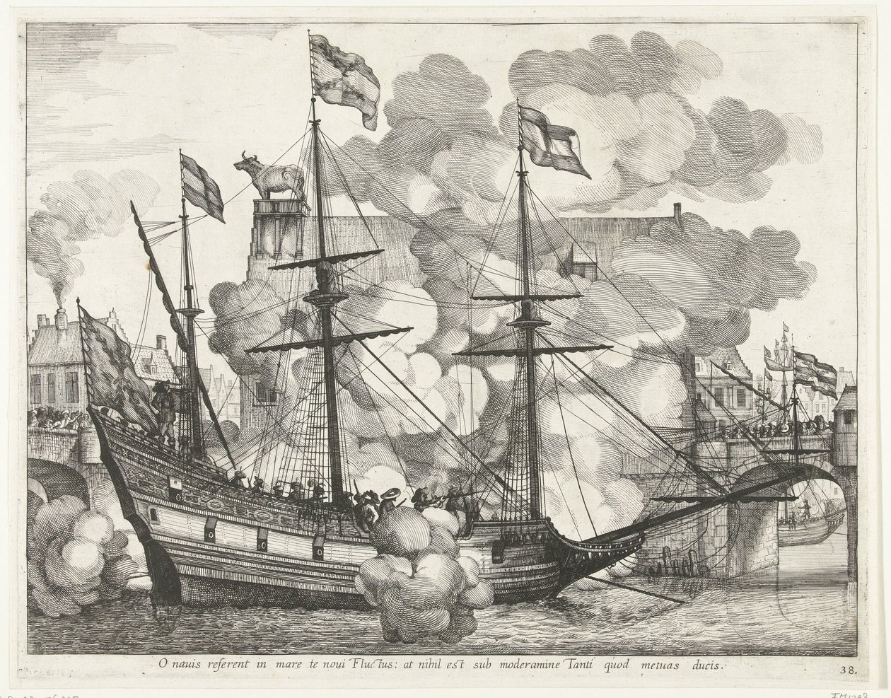 Zeilschip, til højre; intocht van Ferdinand te Gent i 1635 (nr. 38) O skib, nye bølger vil bære dig ind i havet: men der er intet under kontrol af den, som du frygter at lede (titel på objekt) Andre sømænds triumferende skib af Anonymous