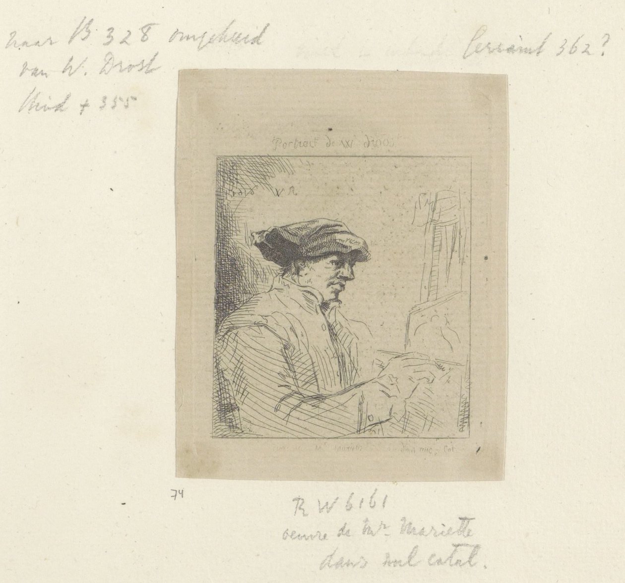Selvportræt af Willem Drost foran æslet Recueil de quatre-vingt-cinq estampes originales (serietitel) af Anonymous