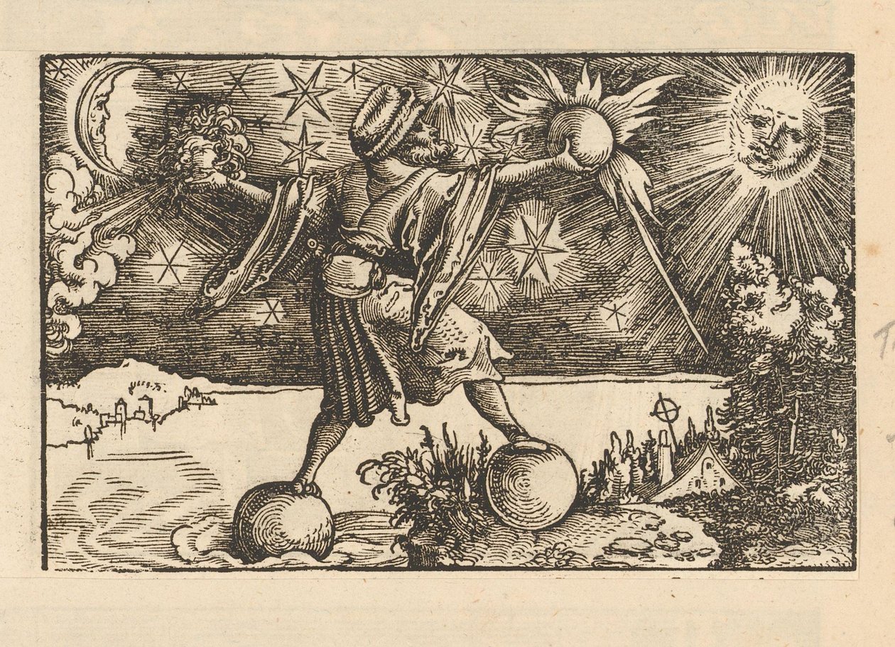 Sol og måne og en mand, der balancerer de fire elementer af Anonymous