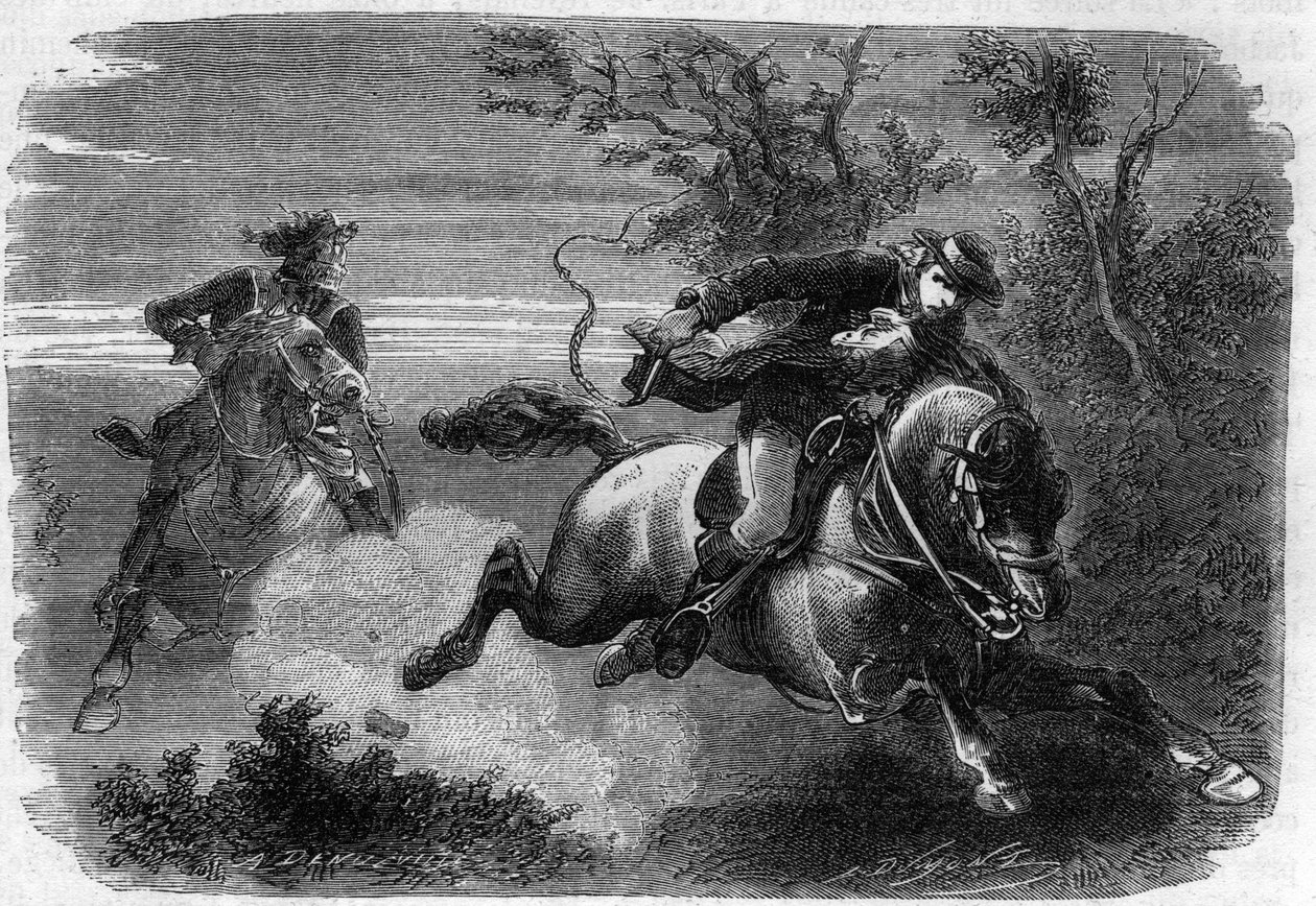 21. juni 1791 - Jean-Baptiste Drouet (Jean Baptiste Drouet) med sin ven Jean-Chrisosthome Guillaume på vej mod Varennes for at finde spor af kong Louis XVI - Indgravering i "Histoire des Girondins"" af Alphonse de Lamartine (1790-1869-) 1865-) 1866. Privat af Anonymous Anonymous