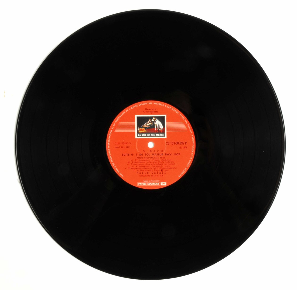 33 runde skiver (vinylplade) af mærket "EMI the voice of his master"" af Pablo Casals, der fortolker den 6 cellosuite af Jean Sebastien Bach (Johann Sebastian Bach) af Anonymous Anonymous