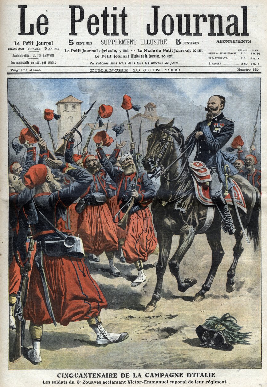 50 års jubilæum for den italienske kampagne: soldaterne fra det 3. regiment af Zouaves jubler over kong Victor Emmanuel III (Victor Emmanuel, Vittorio Emanuele 3) udnævnt til korporal for deres regiment efter slaget ved Palestro - "The Petity Journal" af 1 af Anonymous Anonymous