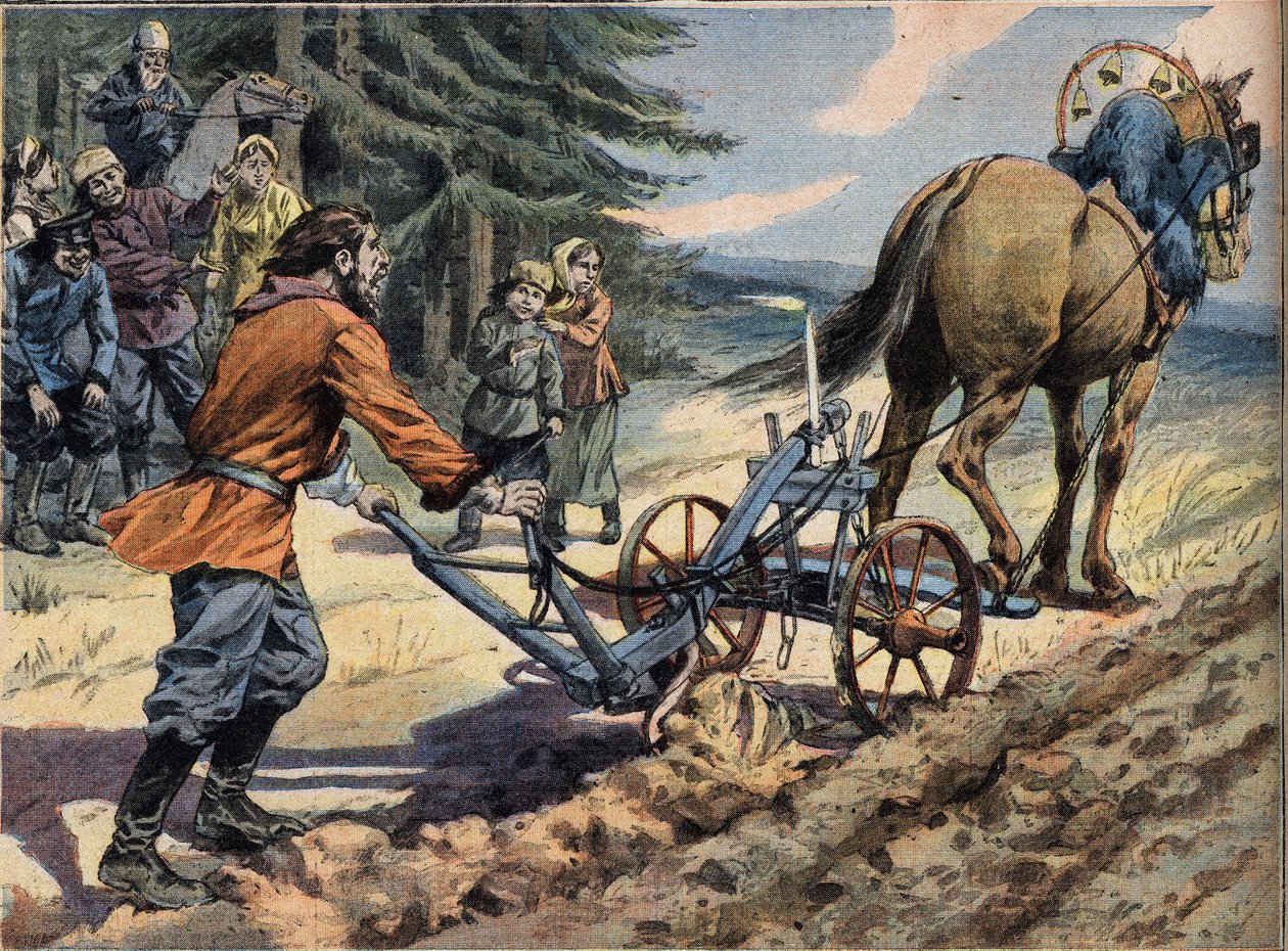 En russisk bonde pløjer marken ved hjælp af en plov, hvorpå der er lagt et lys. Conte de Easter Gravering fra avisen "" Le Petro Parisien"", den 19/04/1908. Privat samling. af Anonymous Anonymous