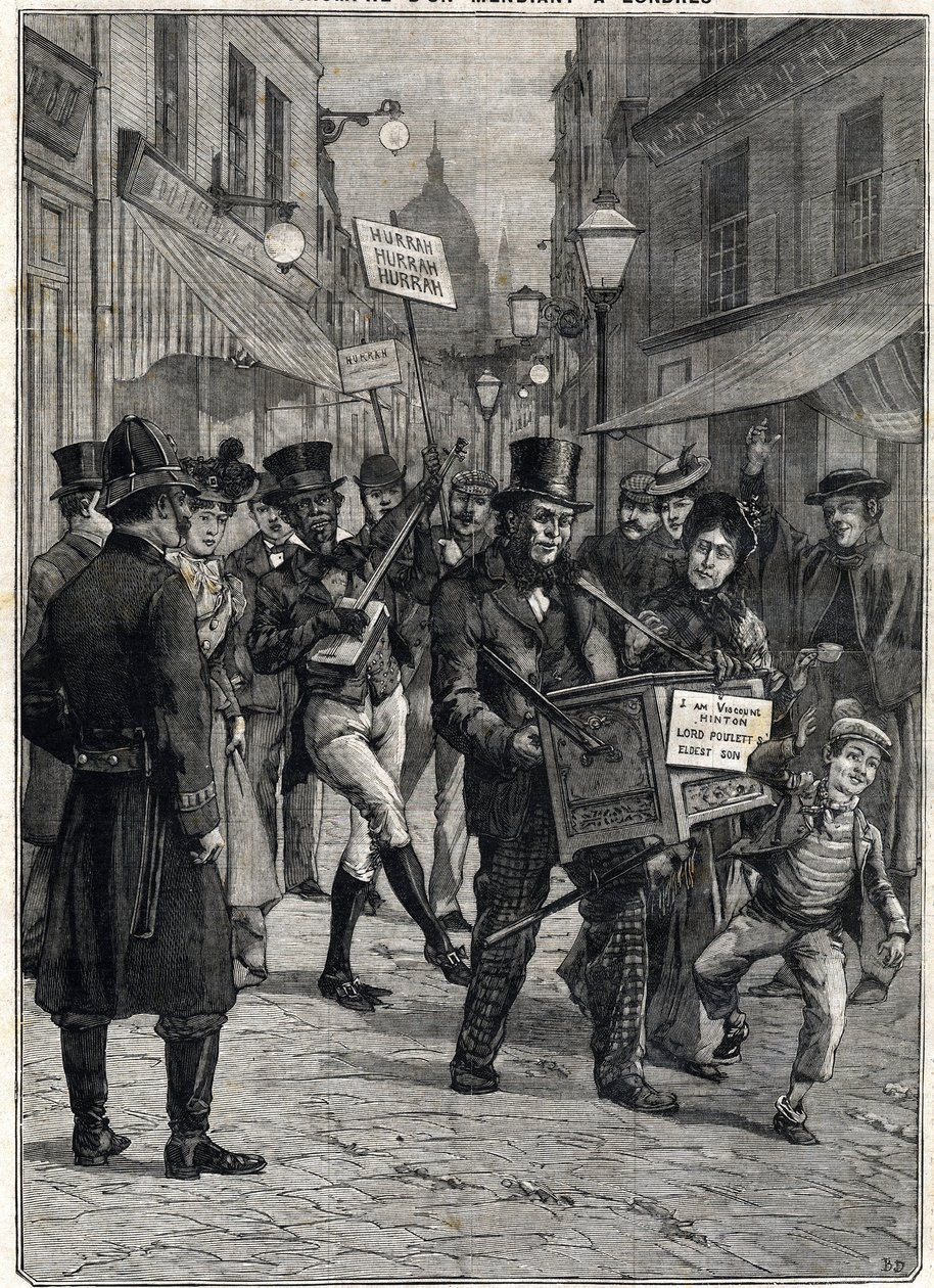 En tigger ved navn Viscount Hinton, en barbarisk orgelspiller i Londons gader, blev millionær efter sin far Lord Pouletts død, som lejede ham hans formue. Gravering. I "" Le Petite Parisien"", den 12/02/1899. Privat samling. af Anonymous Anonymous