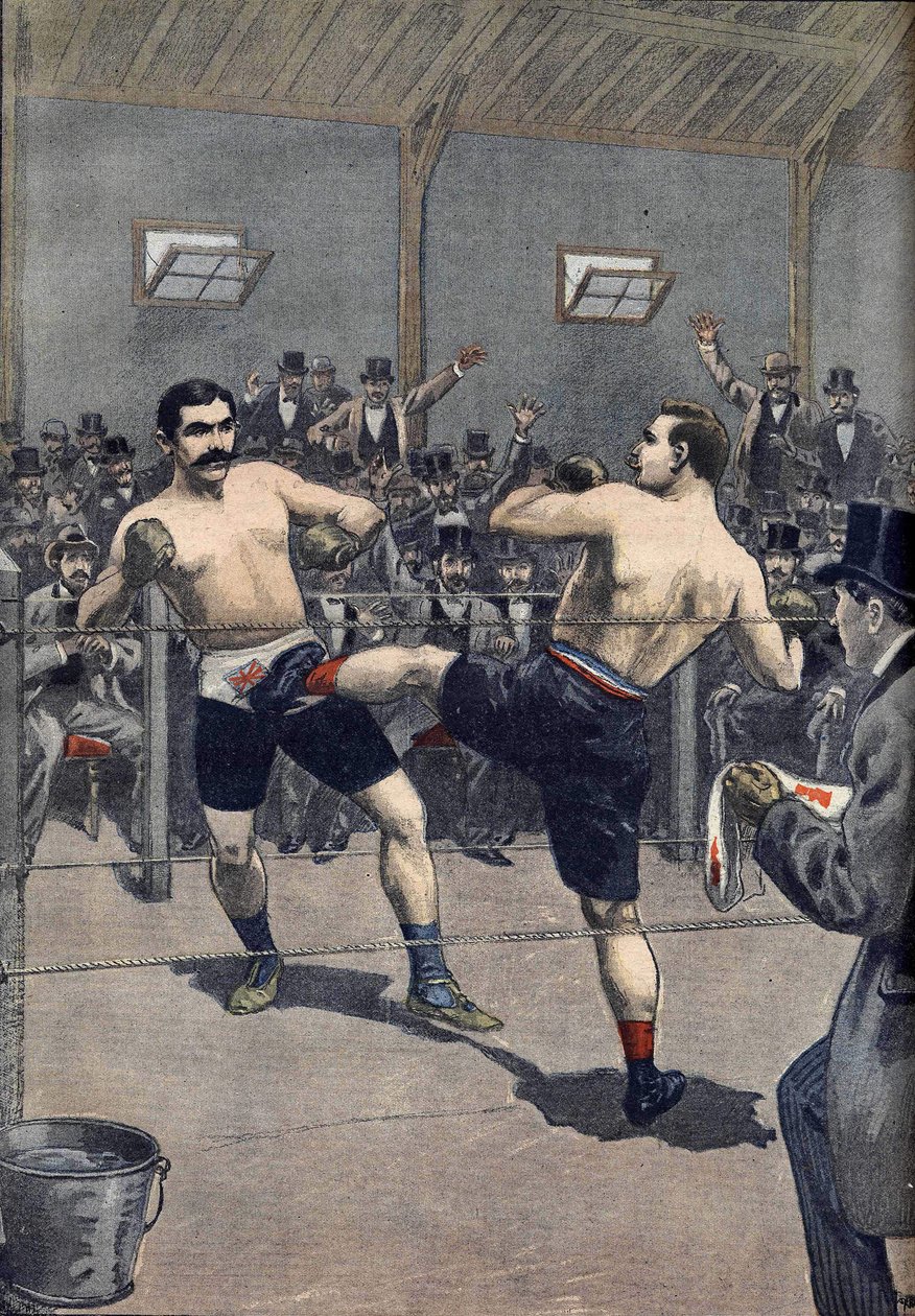 Et bokseangreb: den franske mester Joseph Charlemonts (1839-1918) sejr mod Jerry Driscoll med teknikken "savate""" i Le Petit Journal 1899 af Anonymous Anonymous