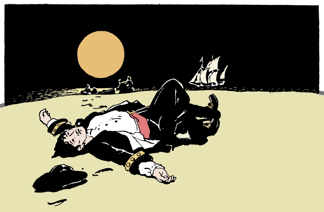 En kaptajn dræbt af pirater bliver forladt på en ø, piratskibet bevæger sig væk i horisonten Illustration fra "The Boys Books of Pirates"" 1913 af Anonymous Anonymous