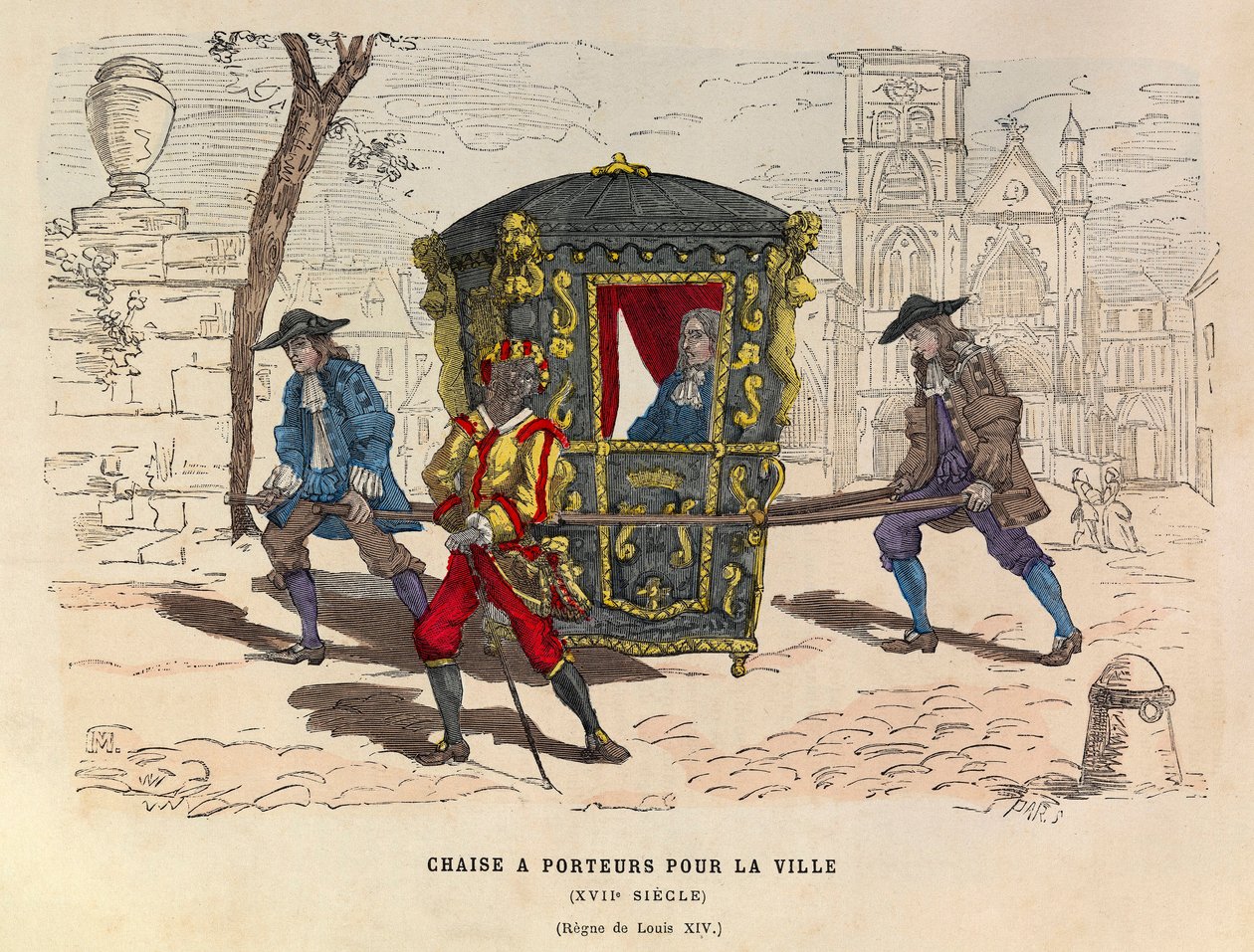 En stol med bærere til byen under kong Louis XIV i det 17. århundrede - Sedan stol til brug i byen, regeringstid af kongen Louis XIV af Frankrig 17. århundrede - privat samling af Anonymous Anonymous