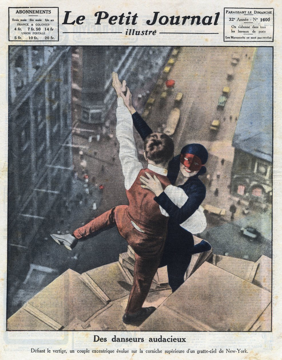 Et par ekstreme dansere udvikler sig på kanten af en skyskraber i New York. Illustration taget fra "Le petit journal illustré" af 21/08/1921. Privat samling af Anonymous Anonymous