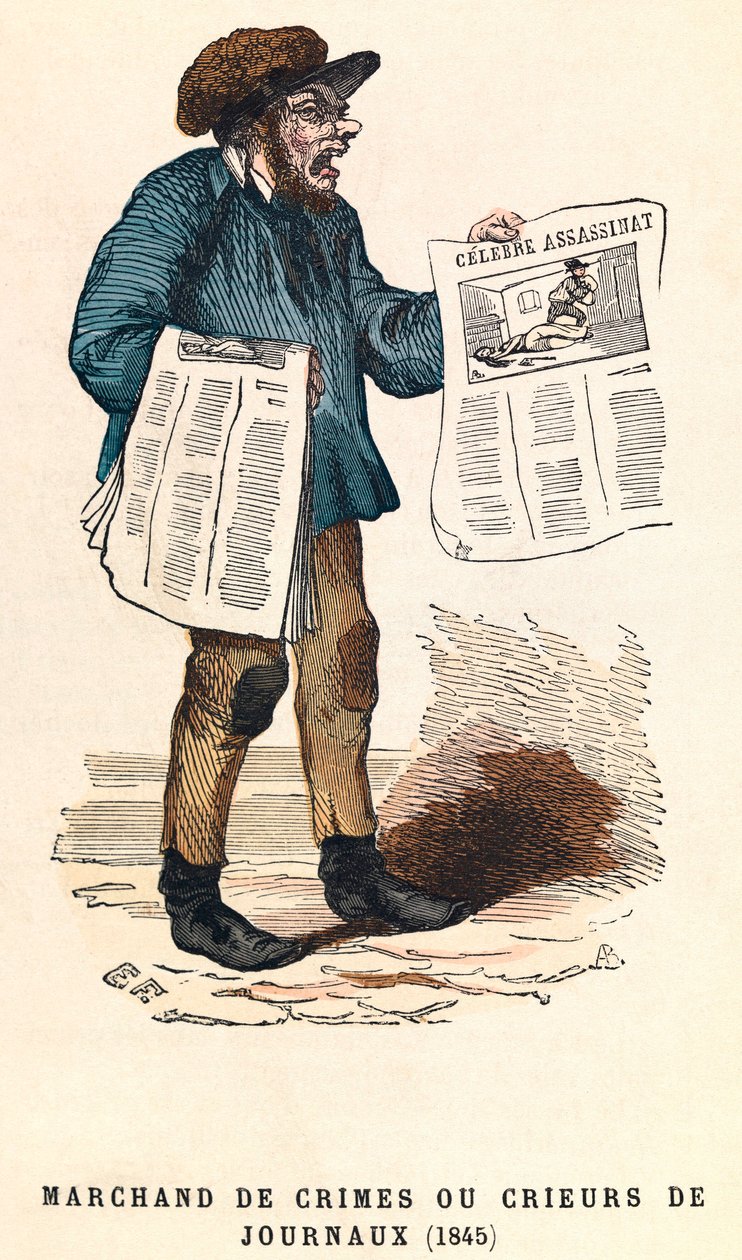 En skribent af aviser i 1845, gravering, privat samling - Avissælger i Paris af Anonymous Anonymous