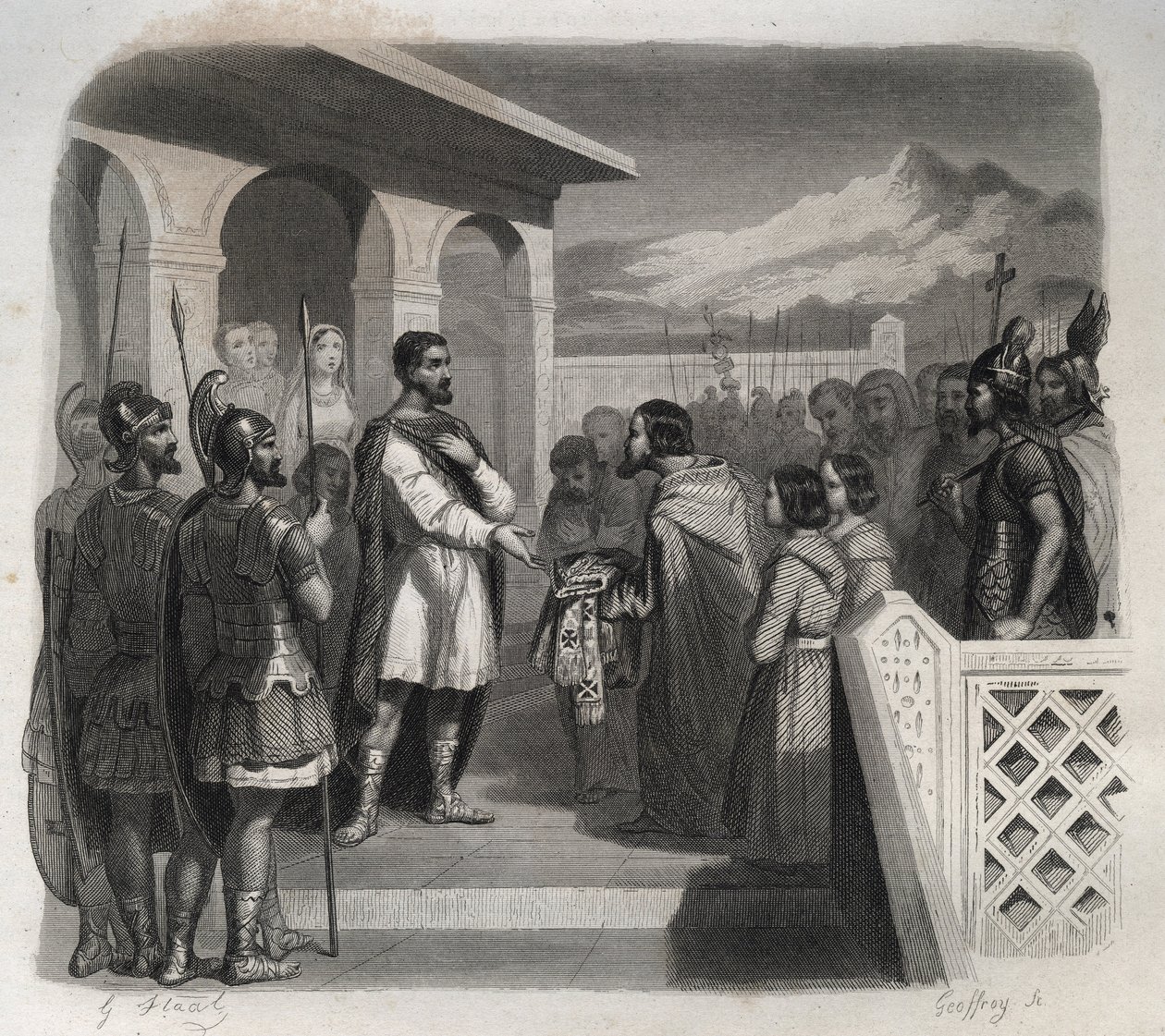 En deputation fra byen Clermont tilbyder bispeembedet til Saint Sidoine Apollinar (Caius Sollius Apollinaris Sidonius) politiker, eveque og gallo-romersk forfatter (430-486). Indgravering fra 1846 i ""De helliges liv"". Privat samling. af Anonymous Anonymous