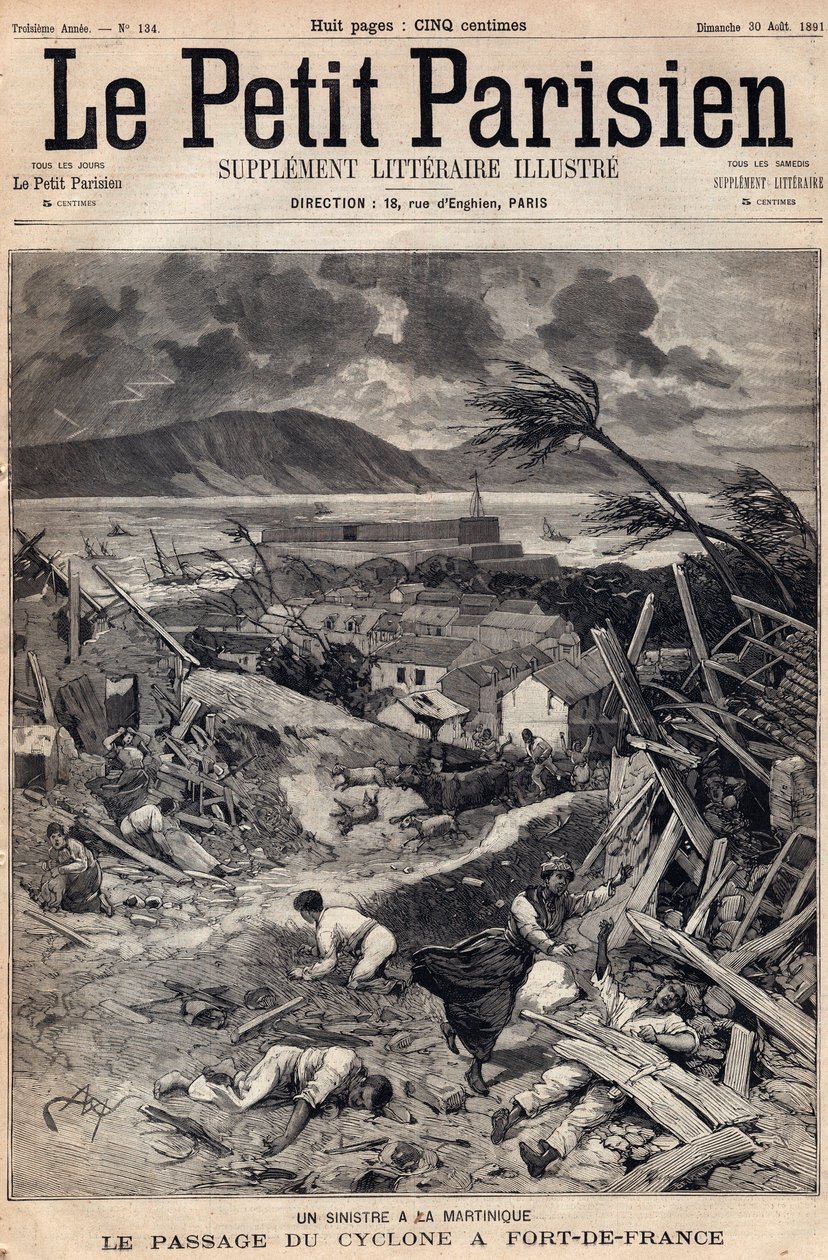 En katastrofe på Martinique: cyklonens passage ved Fort-de-France (Fort de France) i 1891. Indgravering i "" Le petit Parisien"" fra august 1891. Privat samling. af Anonymous Anonymous