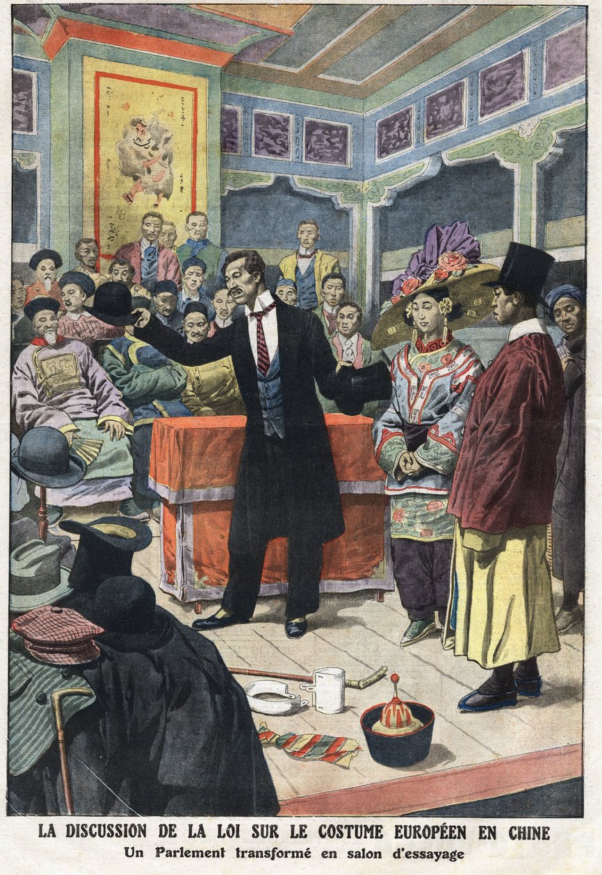 En diskussionssession i det kinesiske parlament om den nye lov om europæisk tøj i Kina, præsenterer en af parlamentarikerne et vestligt kostume, med tophatte og melon. Illustration taget fra "" Le Petite Journal"" 15/09/1912 Privat samling. af Anonymous Anonymous
