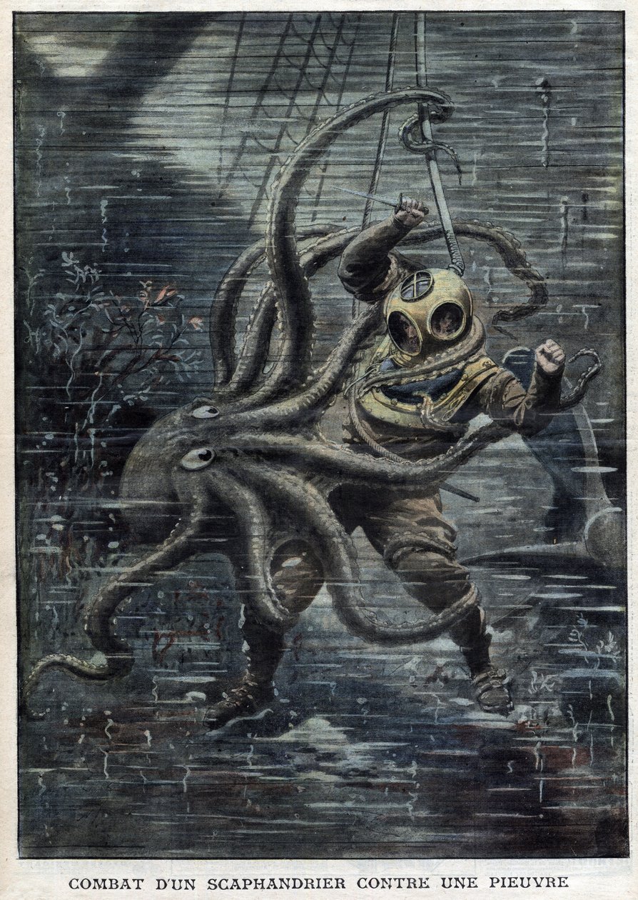 En kæmpe blæksprutte lykkes næsten med at overvinde den amerikanske dykker Martin Lund - En kæmpe blæksprutte angriber den amerikanske dykker Martin Lund - Battle of a Scaphandrier Against an Octopus - "" The Petity Journal" af Anonymous Anonymous