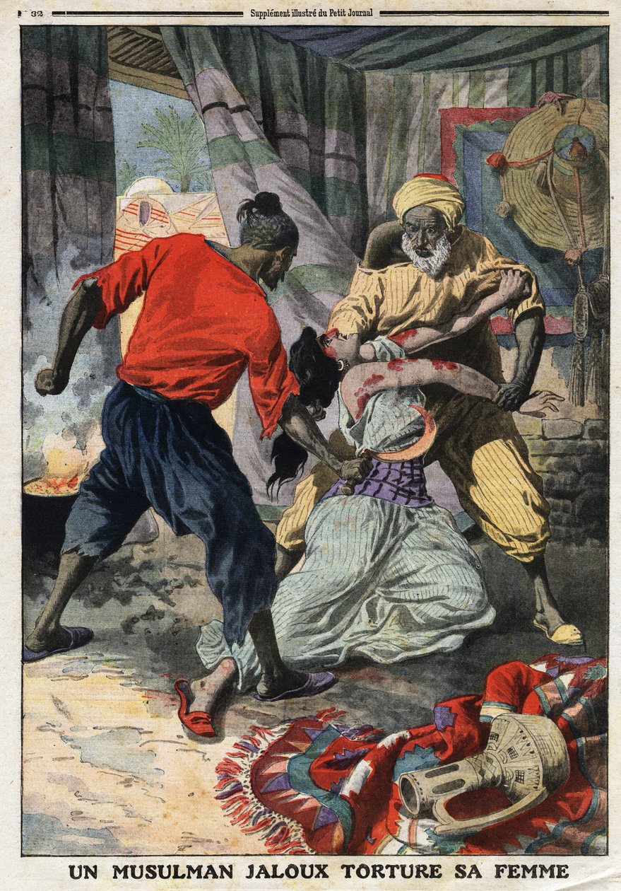 En jaloux muslim torturerer sin kone: en kvinde slået i departementet Constantine i Algeriet. Indgravering i "" Le Petite Journal"", den 28/01/1912. Privat samling. af Anonymous Anonymous