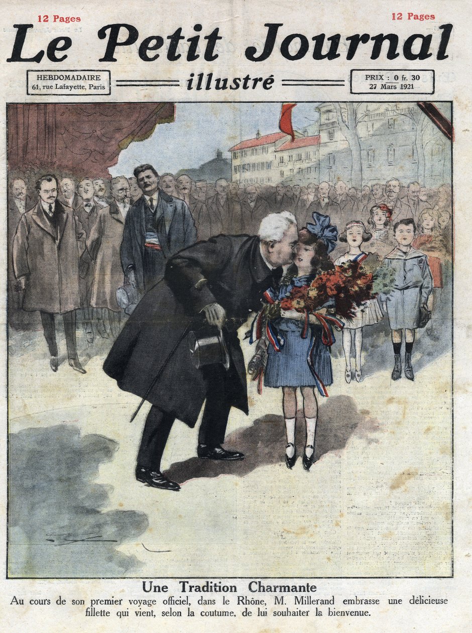 En lille pige tilbyder en buket i trefarvede farver til republikkens præsident Alexandre Millerand under en af hendes fordrivelser i Rhone. Illustration taget fra "" Le petit journal"" fra 27/03/1921. Privat samling af Anonymous Anonymous