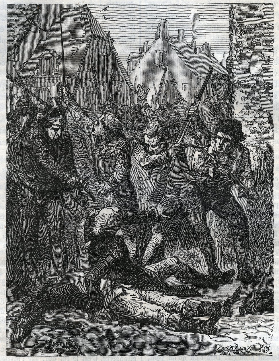 En scene i perioden med den franske revolution: Theobald de Dillon (1745-1792) og en åndsofficer ved navn Berthois, blev massakreret af soldaterne og folket i Lille, som anklagede dem for forræderi. Stik fra 1866 i “Histoire de la Revolution fr af Anonymous Anonymous