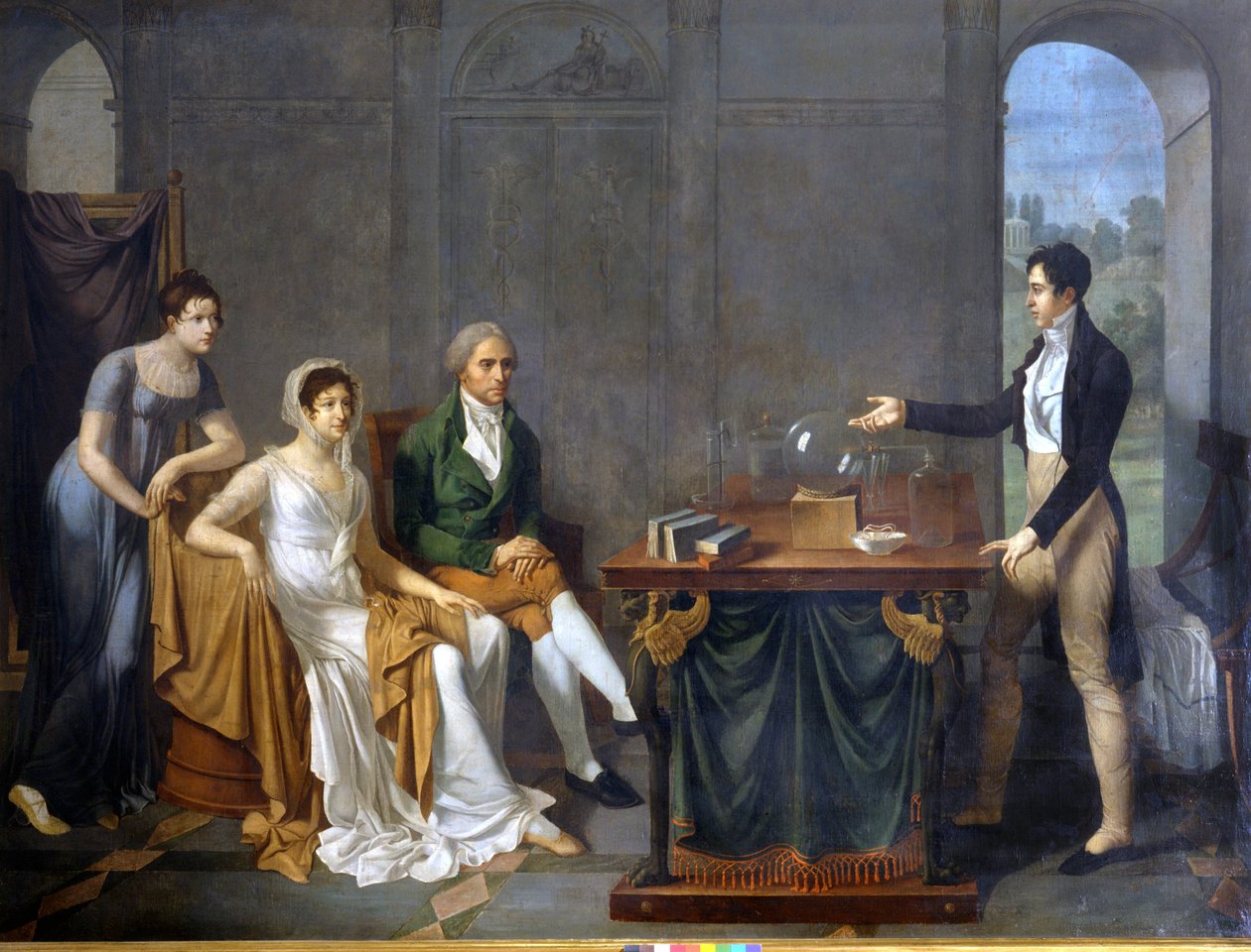 En videnskabsmand (sandsynligvis Alessandro (Alexandre) Volta) laver et videnskabeligt eksperiment foran Melzi Deril-familien. Anonymt maleri. . af Anonymous Anonymous