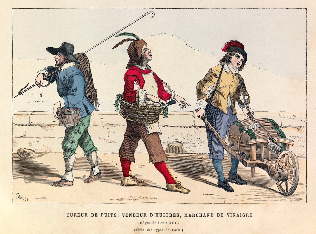 En brøndskyder, en østershandler og en eddikehandler i Paris under kong Ludvig XIII (1601-1643) - Brøndender, østershandler og eddikesælger, Ludvig XIII af Frankrigs regeringstid af Anonymous Anonymous