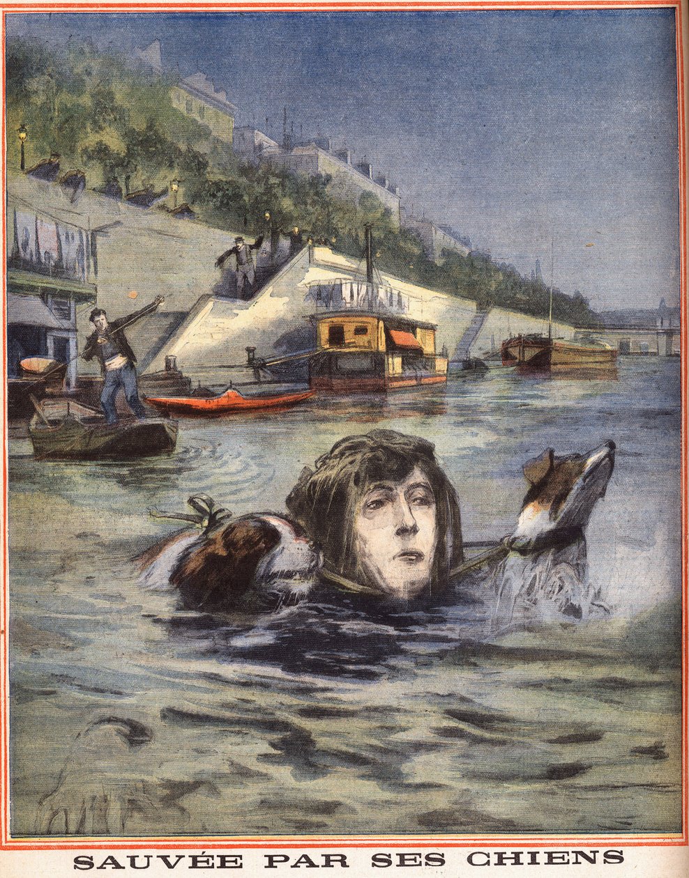 En kvinde falder i Seinen bliver reddet af sine hunde i Paris. Indgravering i "" Le petit parisien"" den 14/08/1910. Privat samling. af Anonymous Anonymous