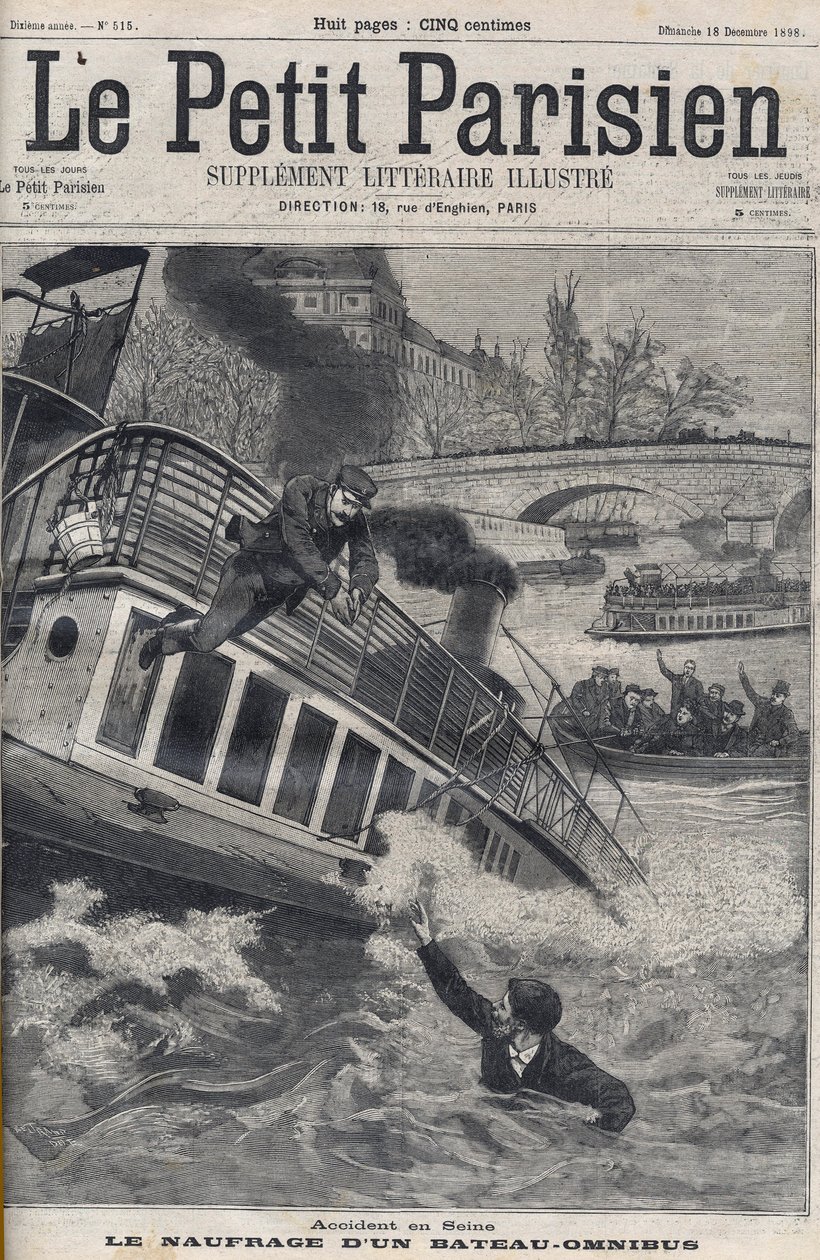 Ulykke i Seinen i Paris - Forliset af en Omnibus-båd: Besætningen på båden hopper ind i Seinen for at flygte. Le Petit Parisien, den 18/12/1898. af Anonymous Anonymous