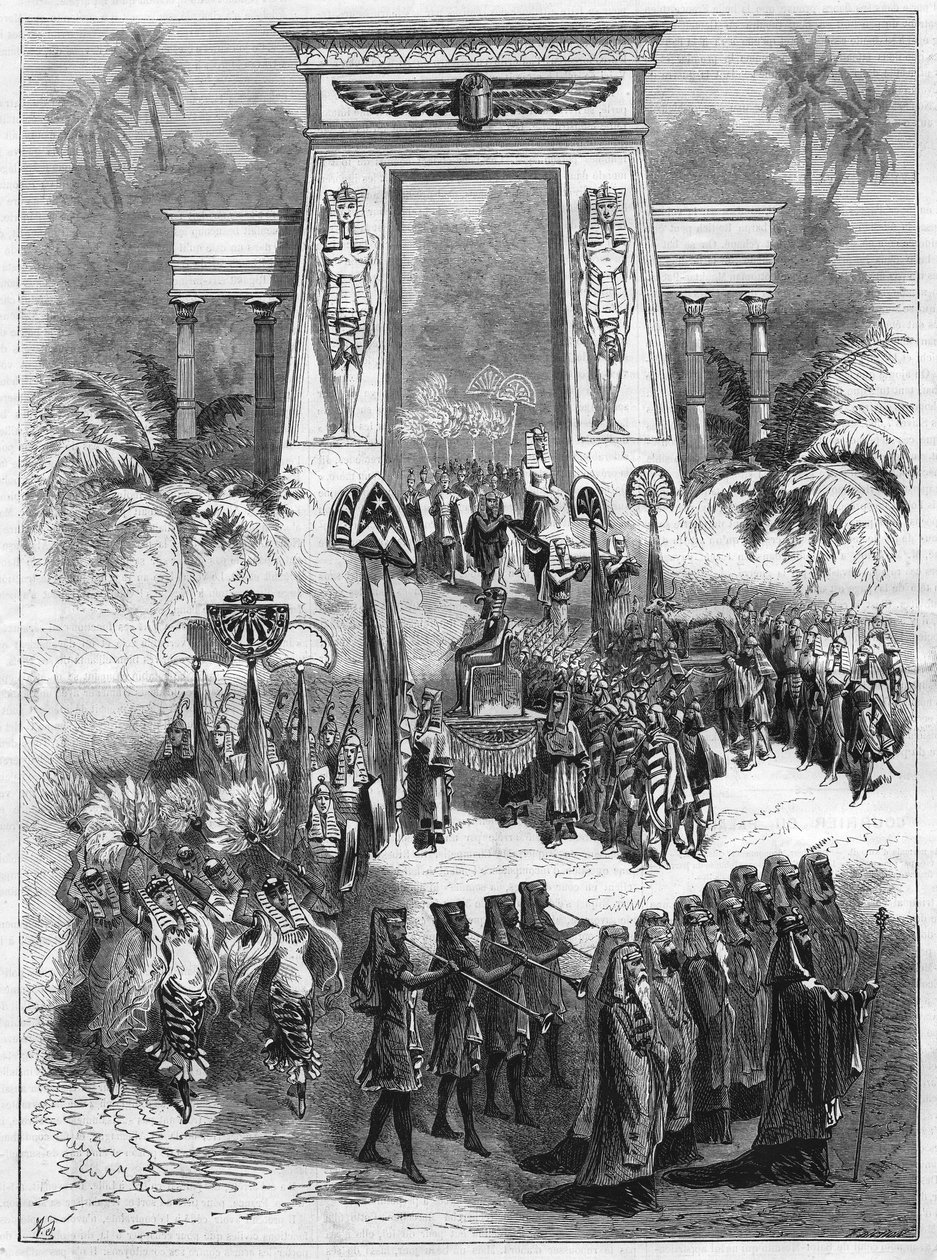 Akt II af stykket, Aida. Stor opera i fire akter og syv malerier af Giuseppe Verdi (1813-1901) spiller på det italienske teater i Paris. Gravering i "" L