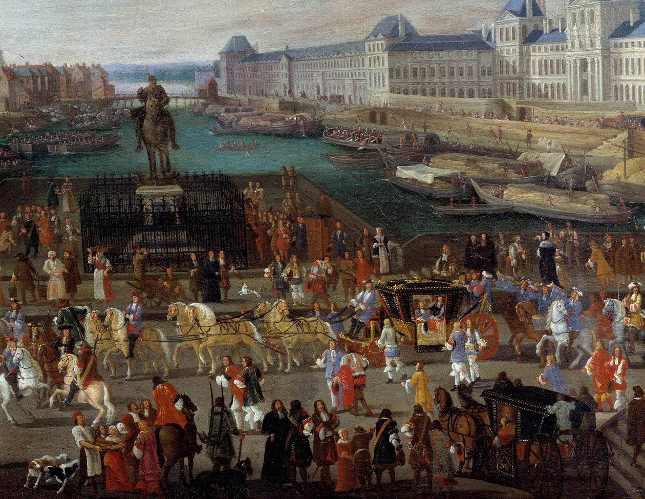Aktiviteter og passage på Pont Neuf i Paris Anonymt maleri fra det 17. århundrede. Paris, Musee d