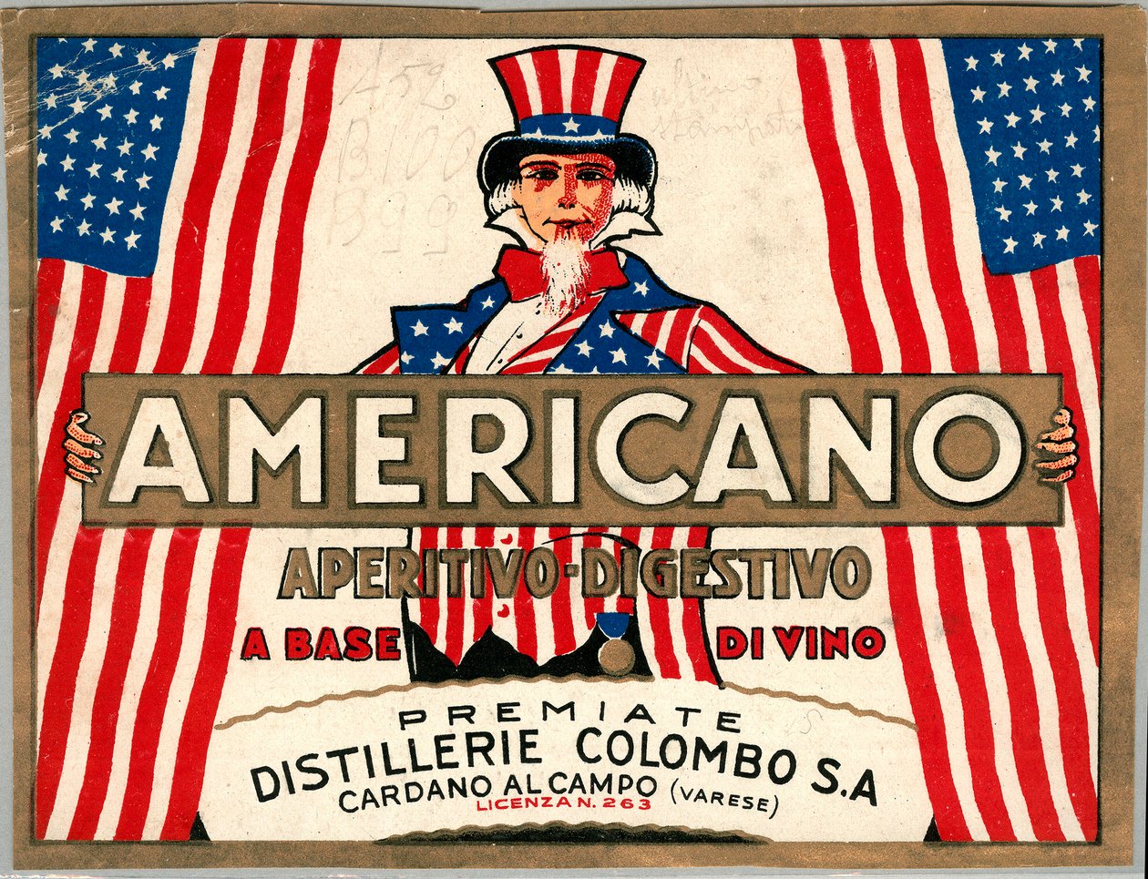 Annonce for italiensk short drink Americano, med allegorisk personificering af America Uncle Sam af Anonymous Anonymous