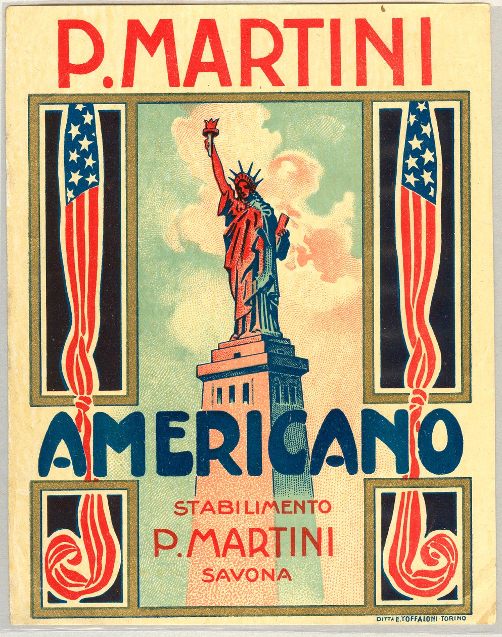Annonce for italiensk short drink Americano, med amerikansk flag og frihedsgudinde af Anonymous Anonymous