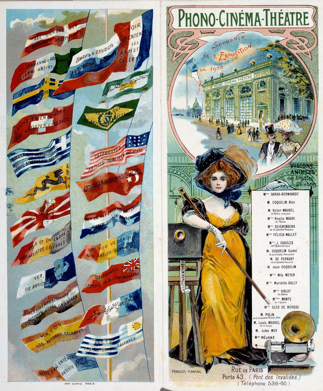 Reklame: Phono - biograf - teater: se og hør kendte kunstnere. Kromolitografi udgivet på verdensudstillingen i 1900 med forskellige landes flag. Paris, Musee Carnavalet - Plakatannoncering "" Phono - biograf - teater: se og hør f af Anonymous Anonymous