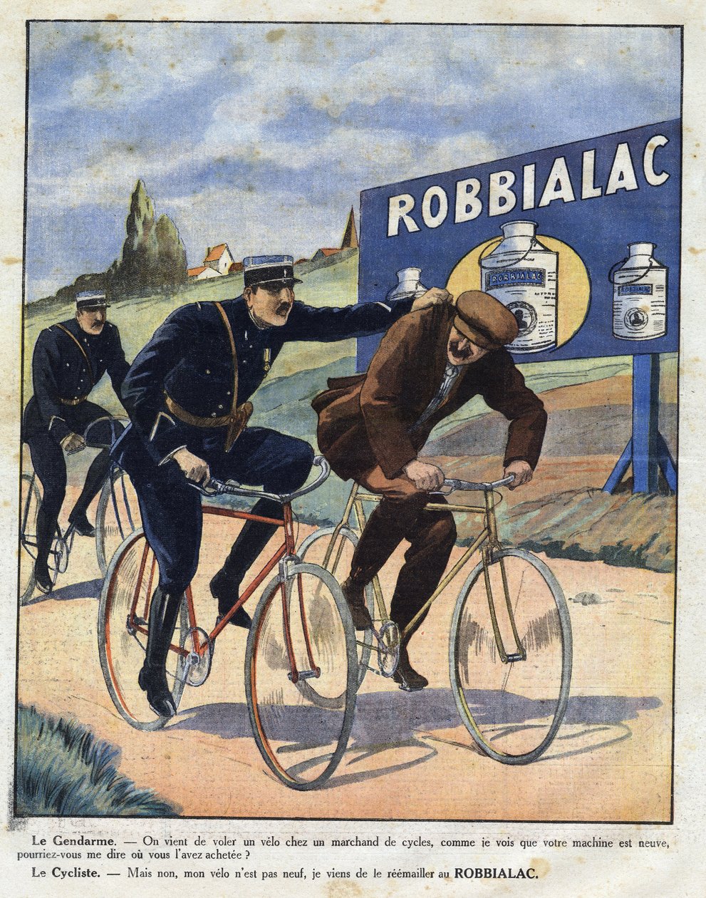 Annoncering for Robbialac-maling: Politibetjente anklager en cyklist for at stjæle hans cykel, fordi han ser ny ud takket være Robbialac-maling. Gravering i "" Le petit journal illustrious"" af Anonymous Anonymous