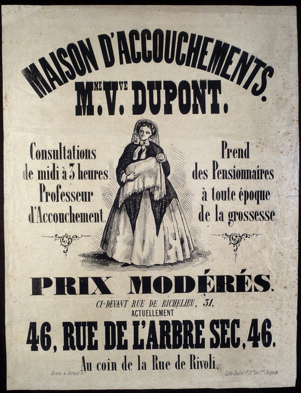 Annoncering for et fødehjem (barsel) i Paris i 1850. Madame Dupont, lave priser på 46 rue de l