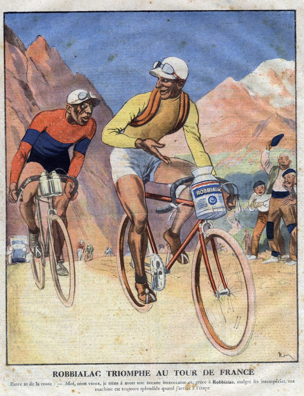 Reklame for maleriet Robbialac: "" Robbialac triumf ved Tour de France"". En cyklist sælger fordelene ved Robbialac maling til sin cykel. Gravering. En af "The Little Journal Illustrates" af Anonymous Anonymous