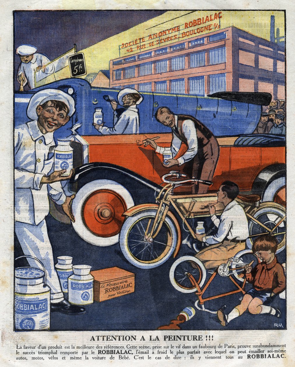 Reklameillustration til malerier Robbialac velegnet til alle formål (bil, bil, motorcykel, cykel). Illustration fra “” Le petit journal”” 22/02/1925 Samling privee af Anonymous Anonymous