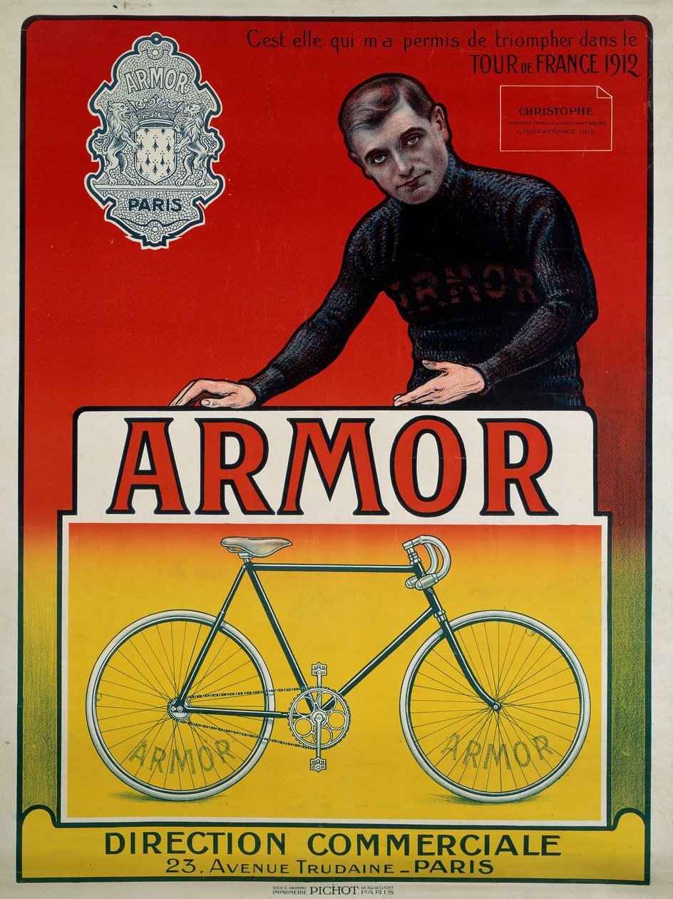 Reklameplakat for cyklen "" Armor"" med cykelrytteren Eugene Christophe (1885-1970), vinder af 3 etaper og 2. af den generelle klassificering af Tour de France i 1912: "" Det er hende, der tillod mig at triumfere i Tour de France fra 1912, sd 20. årh af Anonymous Anonymous