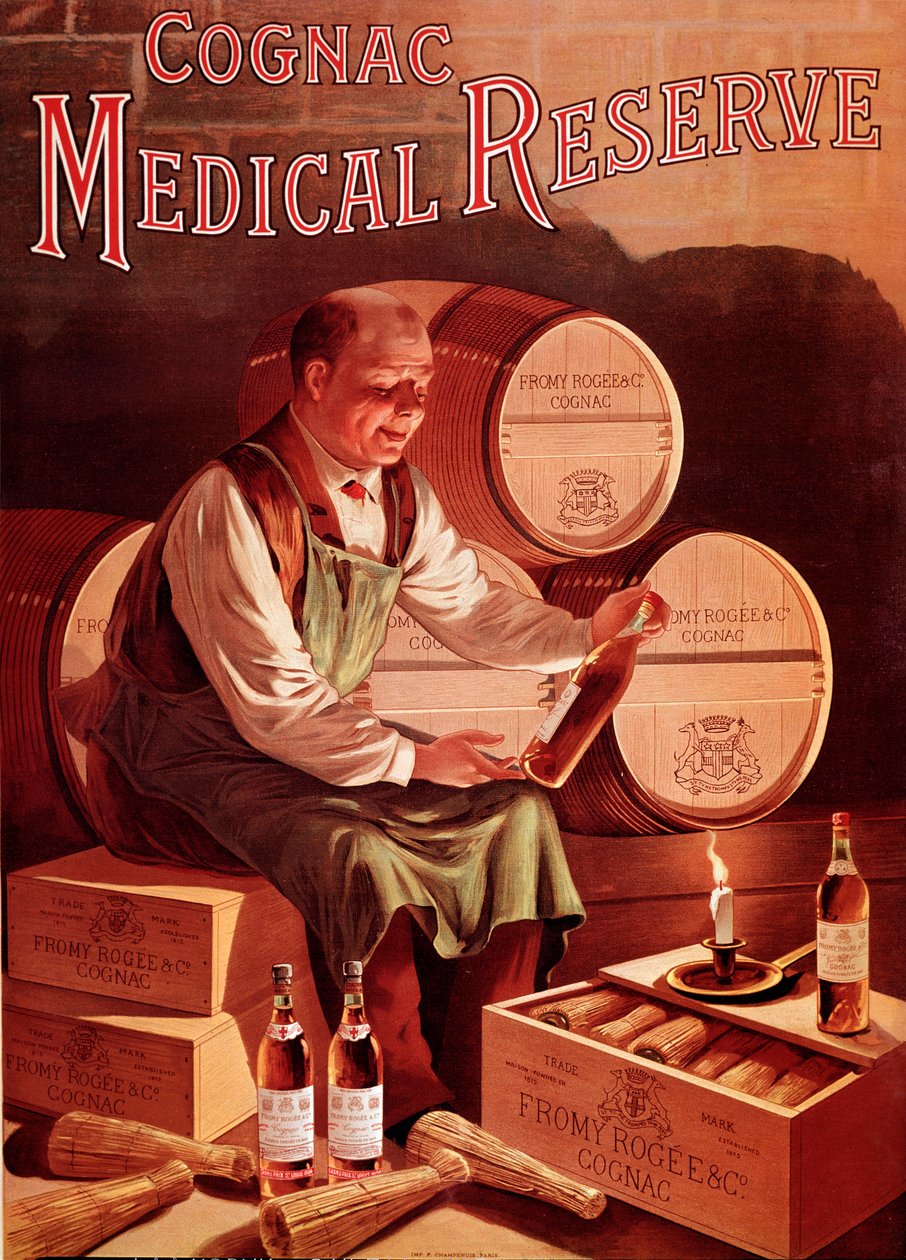 Reklameplakat for cognacen Fromy, Rogee og Cie: medicinsk reserve. En mand i sin vinkælder ser med fornøjelse på en flaske cognac. Anonym illustration. Debut 20. århundredes privatsamling af Anonymous Anonymous