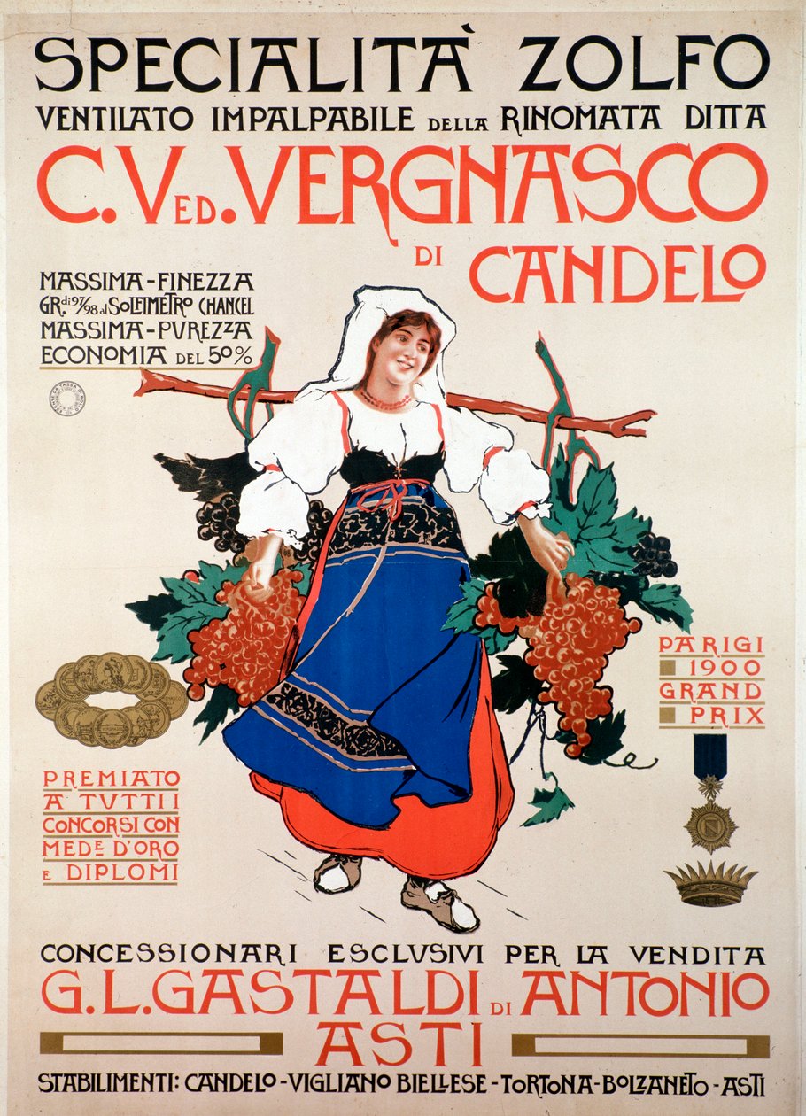 Reklameplakat for svampedræbende svovl produceret af det italienske firma Vergnasco Candelo, 20th Century af Anonymous Anonymous