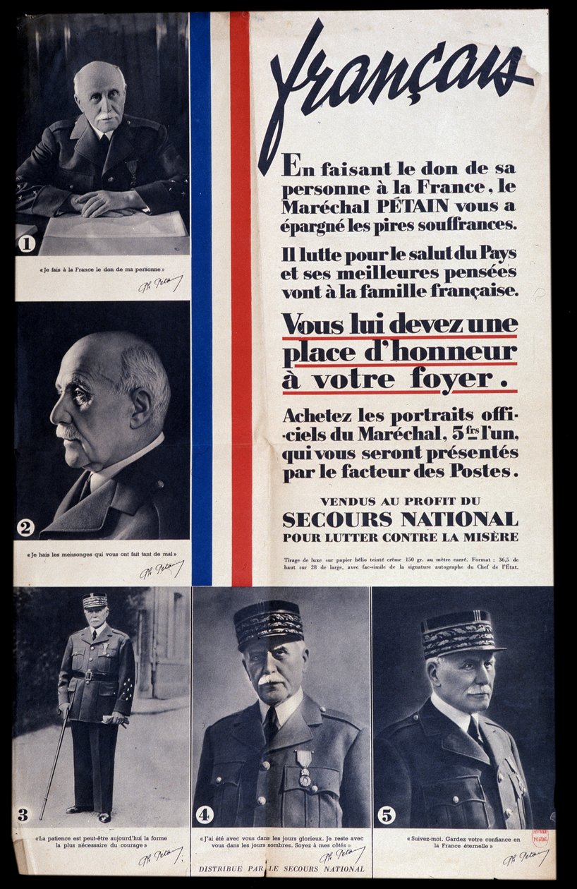 Reklameplakat for salg af portrætter af marskal Philippe Petain under Anden Verdenskrig og lovprisning af Petain (sælges til fordel for national nødhjælp til bekæmpelse af fattigdom) af Anonymous Anonymous