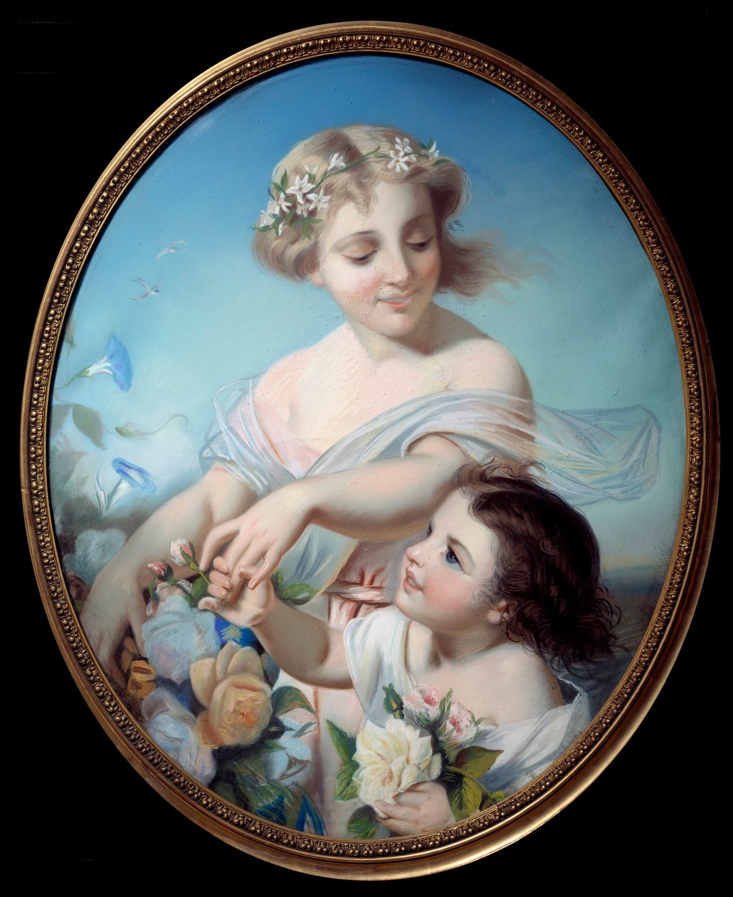 Allegori om sommeren En mor og hendes barnebarn holder buketter med blomster. Anonymt maleri. Rouen fra det 18. århundrede, Musee des Beaux Arts af Anonymous Anonymous